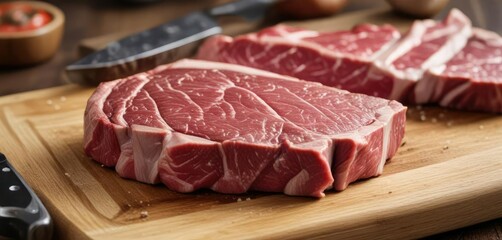 A raw ribeye steak sliced by a sharp meat cleaver on a wooden cutting board , food, beef