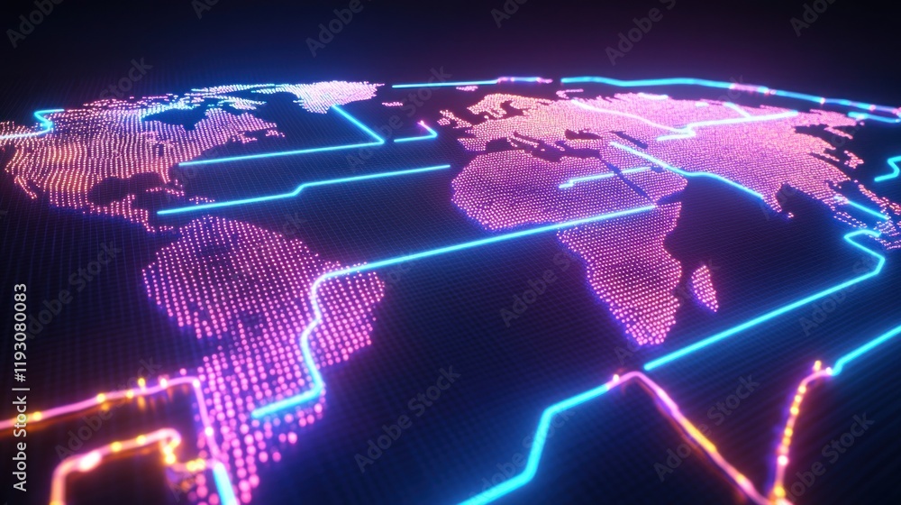 Poster futuristic neon world map showing global connections and data flow