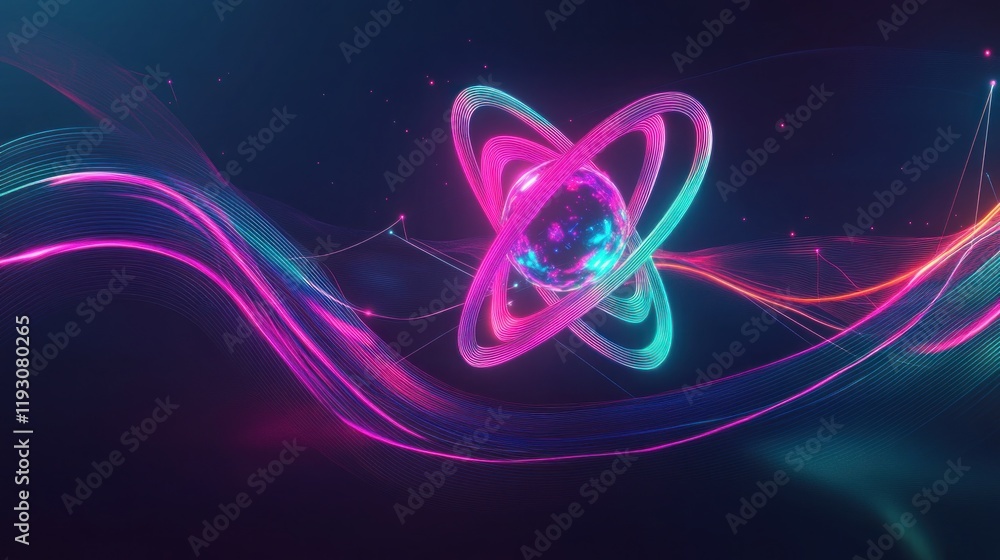 Poster abstract sphere with rings rotating over neon waves and particles background