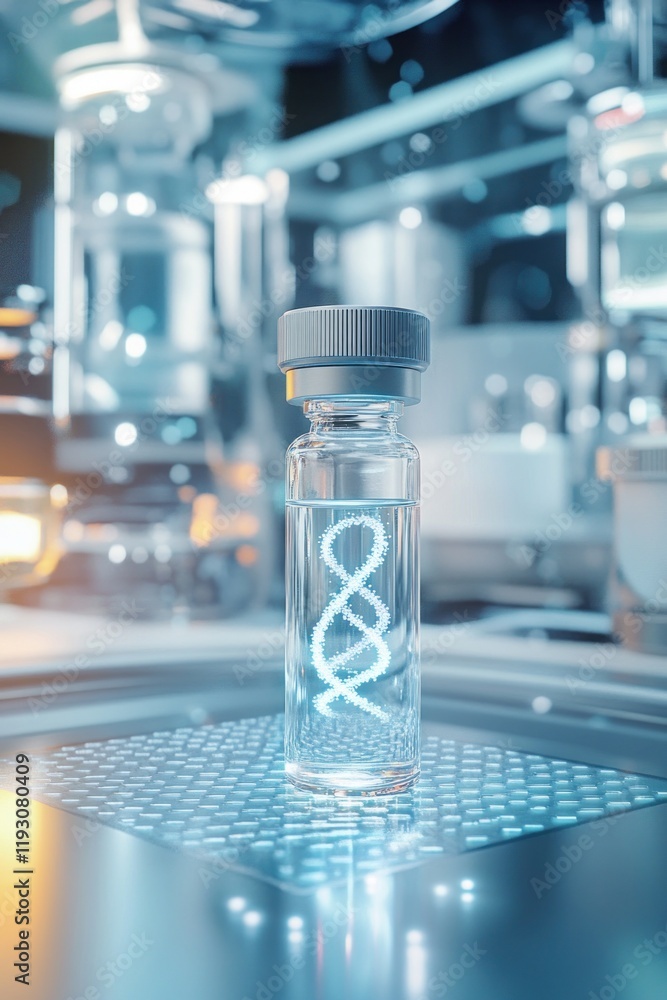 Poster vial containing dna double helix standing on illuminated platform in laboratory
