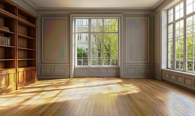 Fototapeta premium Sunlit empty classic room with bookcase, wood floor, large windows, spring view, ideal for interiors.