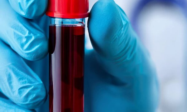 A medical professional holds a blood sample in a test tube, emphasizing safety with blue gloves, representing laboratory work and health diagnostics.