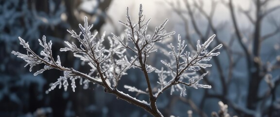 A small tree in bud with delicate ice crystals forming on its branches, branch, landscape, crystal