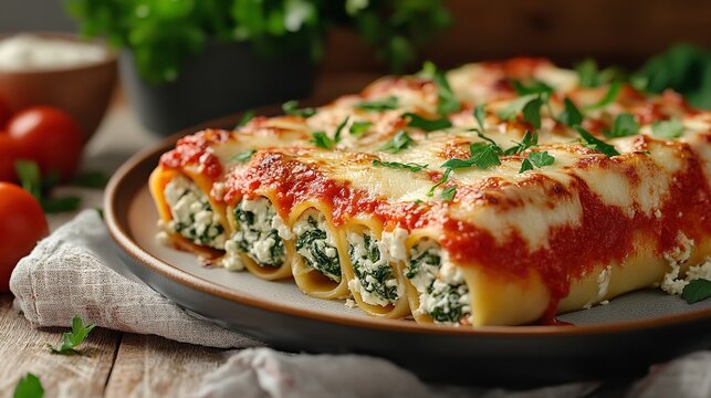 Homemade stuffed ricotta and spinach manicotti