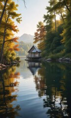 A small white sailboat drifting on the lake water with a rustic wooden house in the distance, , soft focus, water lilies