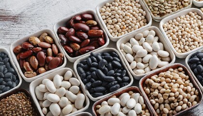 Fototapeta premium A diverse assortment of dry beans arranged in small various containers