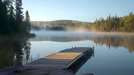 A rustic wooden pier extending into a calm lake with soft morning mist.