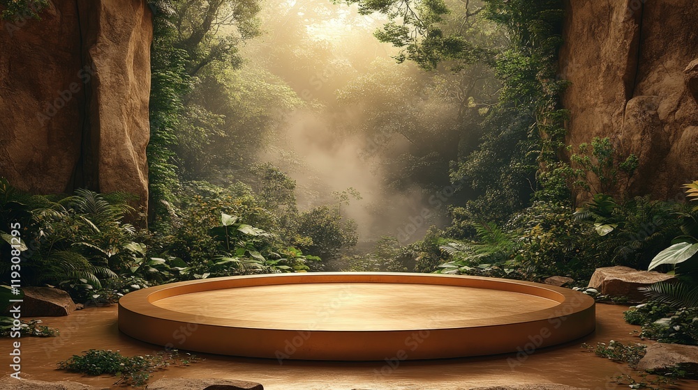 Poster 3d rendering of a circular podium surrounded by lush green forest with misty background for product 