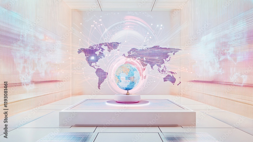 Poster global communication network connecting world map and globe in futuristic room