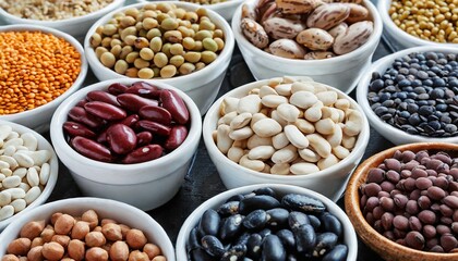 Fototapeta premium A diverse assortment of dry beans arranged in small various containers