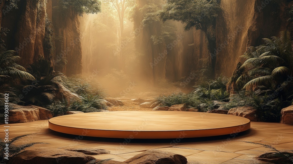 Poster 3d rendering of a podium in a lush forest environment for product presentation with natural light an
