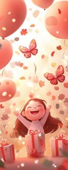 Obraz premium Joyful butterfly garden party with shaped balloons outdoor celebration children's event enchanting atmosphere playful perspective