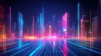 Futuristic cityscape with glowing neon lights and skyscrapers,