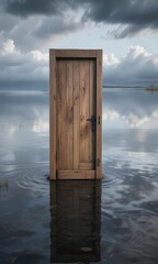 A solitary wooden door partially submerged in murky water on a flat lake surface with a blue-gray sky above, nature landscape, tranquil scene