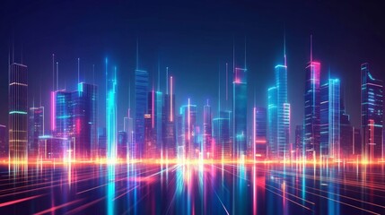 Fototapeta premium Futuristic cityscape with glowing neon lights and skyscrapers,