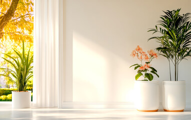 Fototapeta premium Bright indoor space featuring potted plants and warm sunlight streaming in through the window