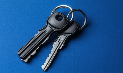 Two keys on a keyring on a blue background, ideal for security or access concepts.