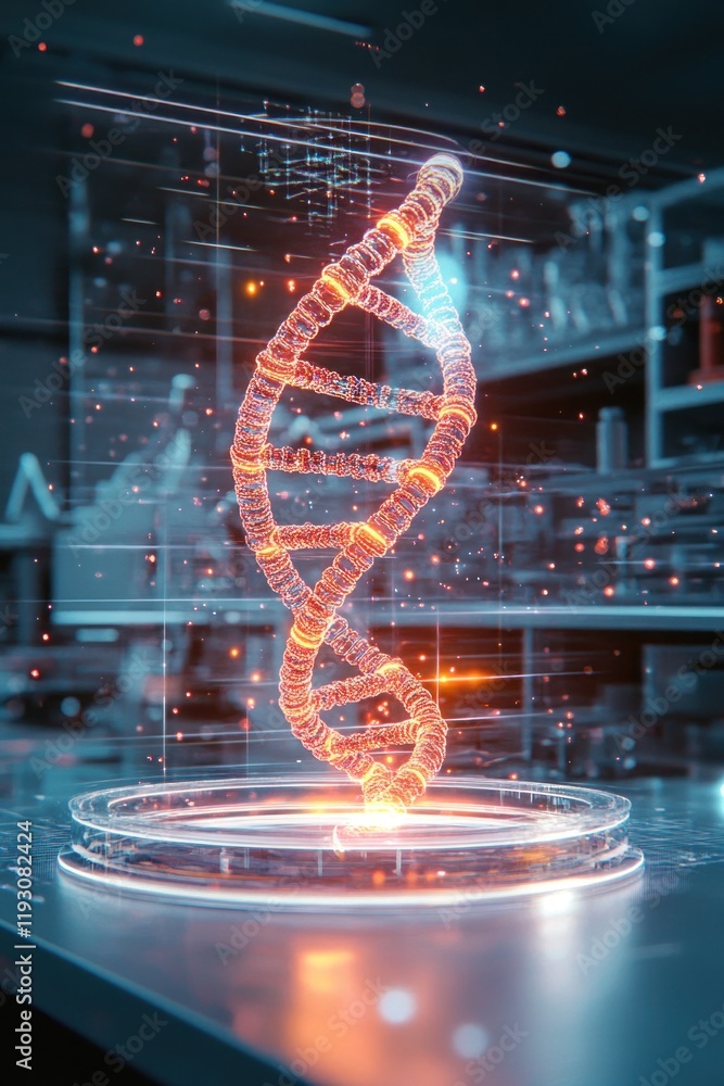 Poster glowing dna chain rotating on futuristic platform in laboratory setting