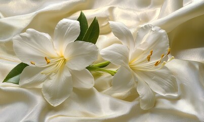 Two white lilies on luxurious satin, ideal for wedding or spa backgrounds.