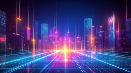 Futuristic cityscape with glowing neon lights and skyscrapers,