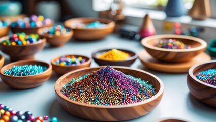 Fototapeta premium Colorful collection of tiny beads in wooden bowls displayed on a crafting table