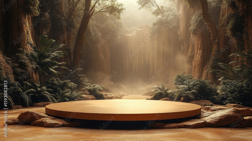 Aufkleber 3d rendered podium in enchanting forest with waterfall for product presentation and display in natur