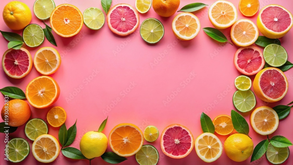 Poster vibrant citrus fruits arranged in a frame on a pink background, ideal for healthy eating or summer r