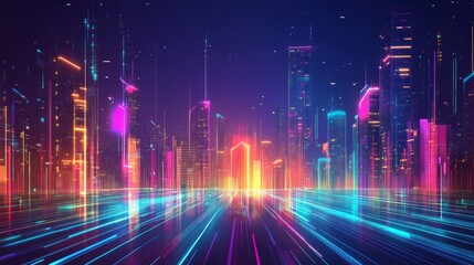 Futuristic cityscape with glowing neon lights and skyscrapers,