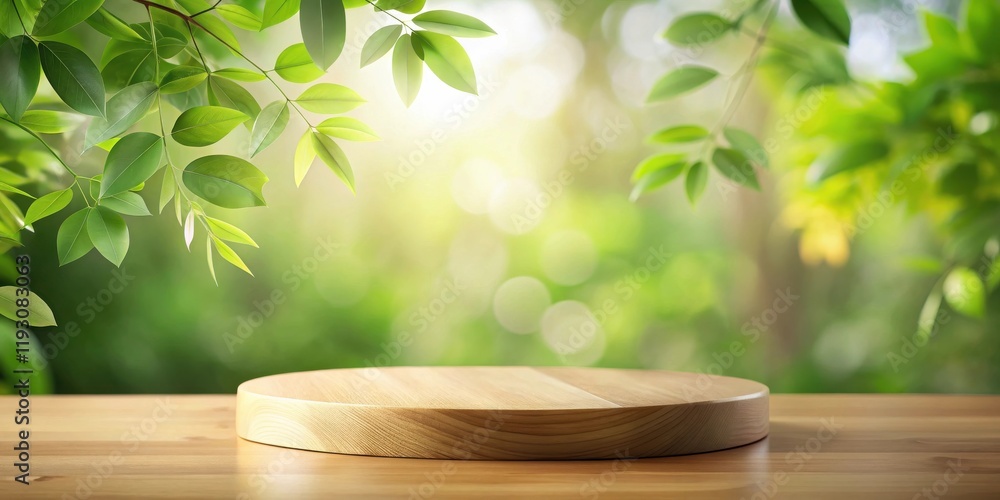 Poster serene wooden display platform against a backdrop of vibrant green foliage and soft sunlight.