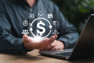 HR software, Automated payroll management, Business finance concept, Businessman use technology for...