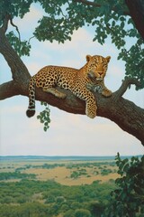 Obraz premium Majestic leopard lounges on sturdy branch, blending with vibrant