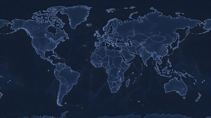 Fototapeta premium A minimalist glowing outline of the world map on a dark blue background.