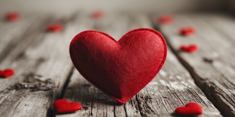 Obraz premium Red Felt Heart on Wooden Surface Valentine's Day