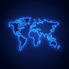 A minimalist glowing outline of the world map on a dark blue background.