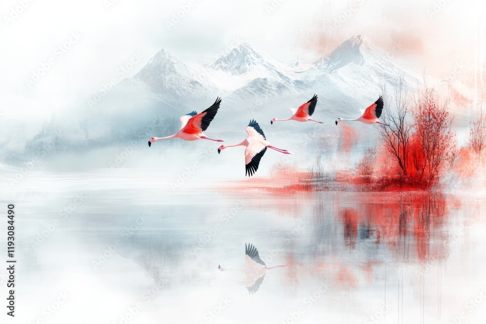 Poster an abstract illustration of a flock of flamingos flying over the uyuni salt flats, with clean lines 