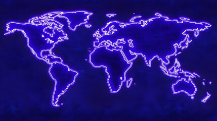 Naklejka premium A minimalist glowing outline of the world map on a dark blue background.