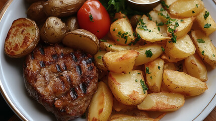 Plato de carne a la parrilla con papas asadas y tomates cherry