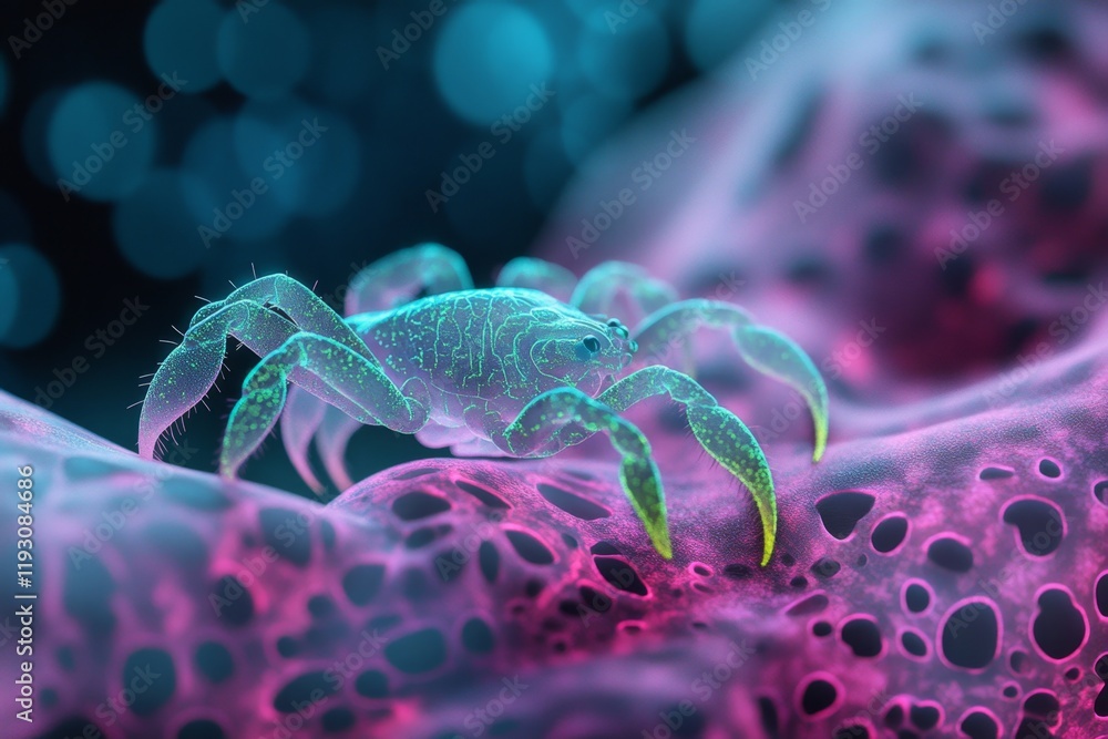 Poster an abstract representation of a glowing scorpion under uv light, with bold, simplified lines and flu