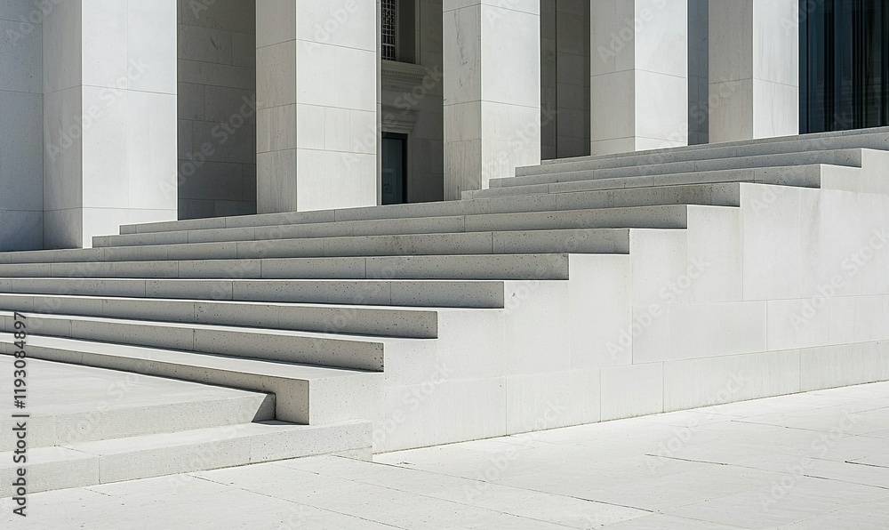 Poster white marble staircase leading to a classical building with columns, ideal for architectural or desi