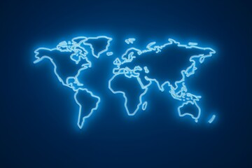 Fototapeta premium A minimalist glowing outline of the world map on a dark blue background.