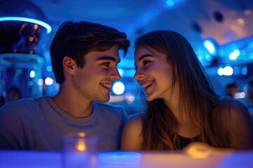 Intimate moment between two young people surrounded by soft blue