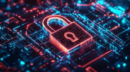 Fototapeta premium An abstract, high-tech security concept. A glowing 3D lock