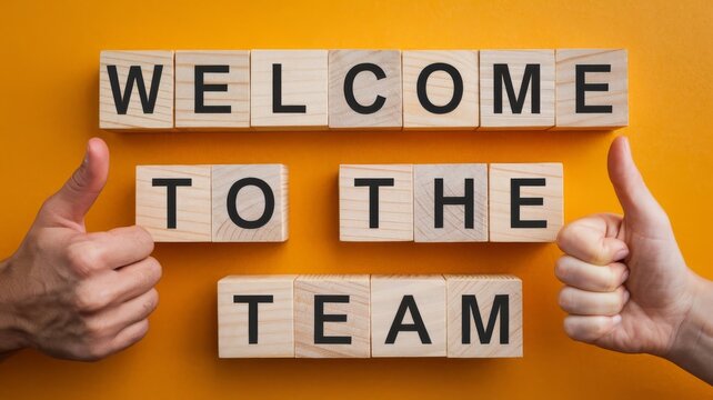 Welcome to the Team Text on Wooden Blocks with Hand on Orange Background