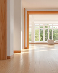 Fototapeta premium Natural light fills spacious modern interior with large windows and wooden accents