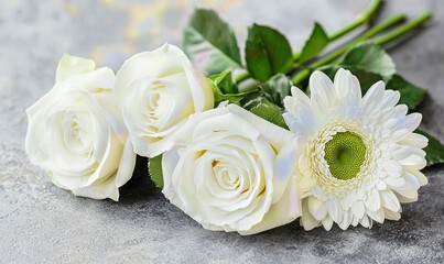 White roses and gerbera daisy on gray surface, sympathy, remembrance.