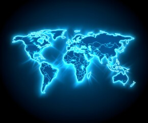 Fototapeta premium A minimalist glowing outline of the world map on a dark blue background.