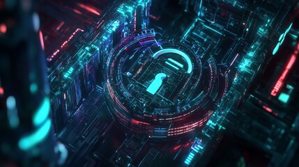 Fototapeta premium An abstract, high-tech security concept. A glowing 3D lock