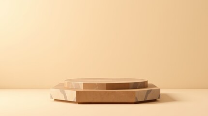 3D rendered product display podium scene with a geometric platform on a beige studio background.
