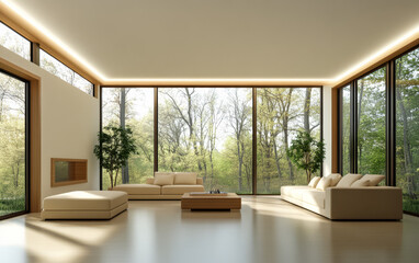 Fototapeta premium Modern minimalist living room with large windows and natural light in serene outdoor setting