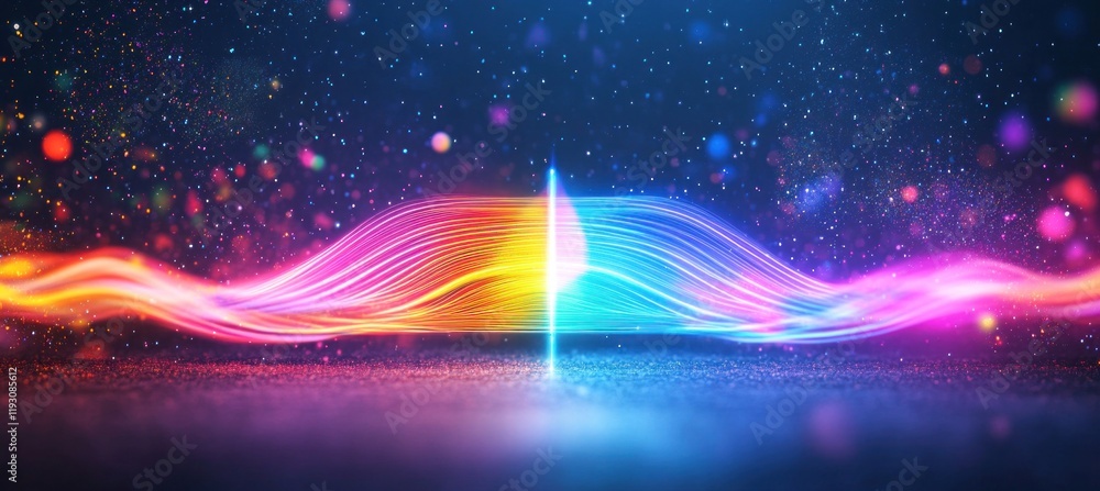 Poster two colorful neon waves merging in a futuristic shimmering background